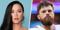 A split side by side image of Katy Perry and Harrison Butker