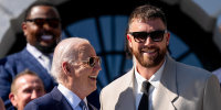 Joe Biden and Travis Kelce during an event on the South Lawn of the White House