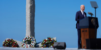 President Joe Biden speaks next to the Pointe du Hoc monument in Normandy, France, on June 7, 2024.