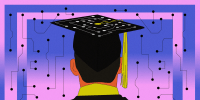 Illustration of college student wearing graduation cap meant to resemble a "microchip" 