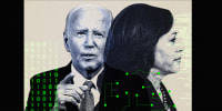 Photo illustration of Biden and Harris, covered with glitchy texts and binary code