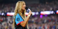 Ingrid Andress sings the national anthem prior to the 2024 T-Mobile Home Run Derby at Globe Life Field on Monday in Arlington, Texas.