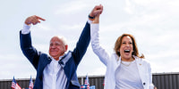 Image: Vice President Kamala Harris is welcomed by running mate Minnesota Gov. Tim Walz