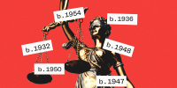 Photo illustration of Lady Justice and various stickers with birth years listed on them 