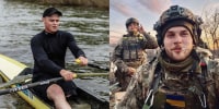 Ukrainian rower Volodymyr Dziubynskyi on the Dnieper river in 2024, and during service with his comrade Volodymyr Androshchuk.