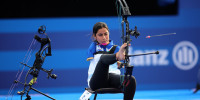 Sheetal Devi of Team India competes in the women's individual compound open 1/8 elimination match at the 2024 Summer Paralympic Games in Paris.