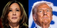 A split composite of Kamala Harris and Donald Trump.