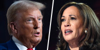 A side by side split of Donald Trump and Kamala Harris.