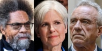 A three way side by side split of Cornel West, Jill Stein, and Robert F. Kennedy Jr.
