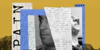 Photo collage of text that reads "Pain" and handwritten journal entries against a background of mountains and black-and-white photos of the subject