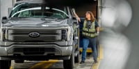 A Ford F-150 Lightning pickup truck on the assembly line in Dearborn, Mich., in 2023. 