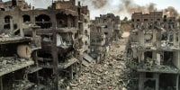 Aerial view of buildings destroyed.