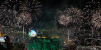 Party goers watch the fireworks show ahead of the Tropicana implosion from the Mandalay Bay’s Foundation Room in Las Vegas on Wednesday, Oct. 9, 2024 in Las Vegas, NV