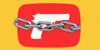 Photo illustration of a gun inside of the YouTube logo against a yellow backdrop; overlaid with chain links 