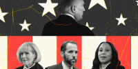 Side profile of Donald Trump against a grey background with stars on the top half of the image; on the bottom half, behind a background of red and white stripes, are (from left to right) E. Jean Carroll, Jack Smith, and Fani Willis.