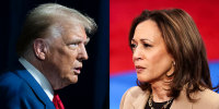 A split side by side image of Donald Trump and Kamala Harris