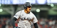 Juan Soto of the New York Yankees rounds the bases after hitting a home run in the 10th inning against the Cleveland Guardians during Game Five of the American League Championship Series.