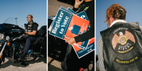 Rev. Dr. Alyn E. Waller, left, of Enon Tabernacle Baptist Church, leading the Black Men Vote Black Motorcycle Rally and Voter Registration Event in Philadelphia on Saturday, Oct. 19, 2024. Darlena Ward, right, is one of the attendees at the rally. 