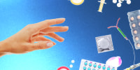 An assortment of contraceptives (condoms, birth control pills, syringes, IUDs) lay scattered around the right edge of the image. From the left, a hand reaches towards the right, as if grasping for the contraceptives.