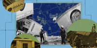 Centered photo of FEMA workers approaching several destroyed trucks. Behind this image is a hurricane map. In yellow circles overlayed around the edges are photos of a FEMA building, of a house hit by trees, and of a roof with debris and people standing on it.