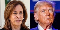 A split composite of Harris and Trump.