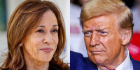 A split composite of Harris and Trump.