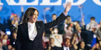 Vice President Kamala Harris arrives to speak on The Ellipse just south of the White House on Oct. 29, 2024.