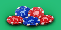 Photo Illustration: Blue and red poker chips with donkeys and elephants on them