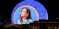 An advertisement for Democratic presidential nominee and U.S. Vice President Kamala Harris and her running mate, Minnesota Gov. Tim Walz, displayed on the 580,000-square-foot Exosphere at Sphere, in Las Vegas on Oct. 30, 2024. 