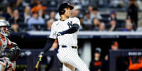 Juan Soto #22 of the New York Yankees hits a two-run home run against at Yankee Stadium in New York City on Sept. 25, 2024.