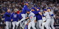 The Los Angeles Dodgers celebrate as the they defeat the New York Yankees in the World Series