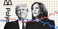 Photo Illustration: Donald Trump and Kamala Harris with imagery from the betting website Polymarket