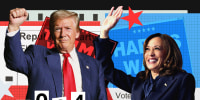 Photo illustration of Donald Trump and Kamala Harris against a black background with pops of blue and red paper textures that read" 2024" and "Harris Walz" and "Trump Vance" 