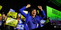 Democratic Maryland Senate candidate Angela Alsobrooks cheers during an election night watch party Tuesday, Nov. 5, 2024, in College Park, Md. 