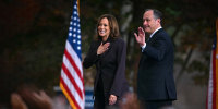 Vice President Kamala Harris and second gentleman Doug Emhoff leave after she delivered her concession speech at Howard University on Nov. 6, 2024.