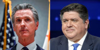 A split composite of Gavin Newsom and JB Pritzker.