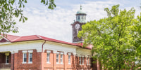 Historic clock tower atop White Hall on the campus of Tuskegee University