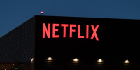 Netflix logo in a building.