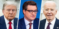 A three-way side by side split of Donald Trump, Chris Hayes, and Joe Biden.