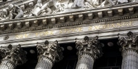 New York Stock Exchange, low angle exterior view detail outside