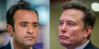 A split composite of Vivek Ramaswamy and Elon Musk.