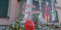 Floral tributes are laid at a memorial for Giulia Cecchettin outside Vigonovo City Hall, ahead of a memorial procession on November 26, 2023 in Venice, Italy.