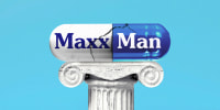 Photo illustration of a pill capsule that reads "Maxx Man" atop a column 