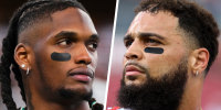 Side by side of Dallas Cowboys wide receiver CeeDee Lamb and Tampa Bay Buccaneers wide receiver Mike Evans.