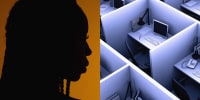 A Black woman with braids in silhouette; empty office cubicles.