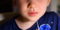 A five-year-old boy inserts a swab stick into his nose for a Covid-19 self-test.