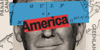 Photo collage of Donald Trump's face obscured by a map of the Gulf of Mexico; text that reads "America" covers the word "Mexico."; the background reveals maps of the Panama Canal and Greenland 