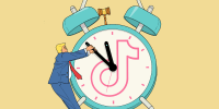 Illustration of Donald Trump pulling back the hand of a TikTok-themed ticking clock at the 11th hour. The alarm bell mechanism is a judge's gavel.
