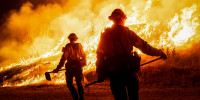 Firefighters in the middle of a wildfire.