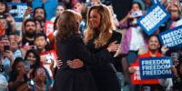 Democratic presidential nominee, Vice President Kamala Harris embraces singer Beyoncé at a campaign rally on Oct. 25, 2024 in Houston, Texas. 